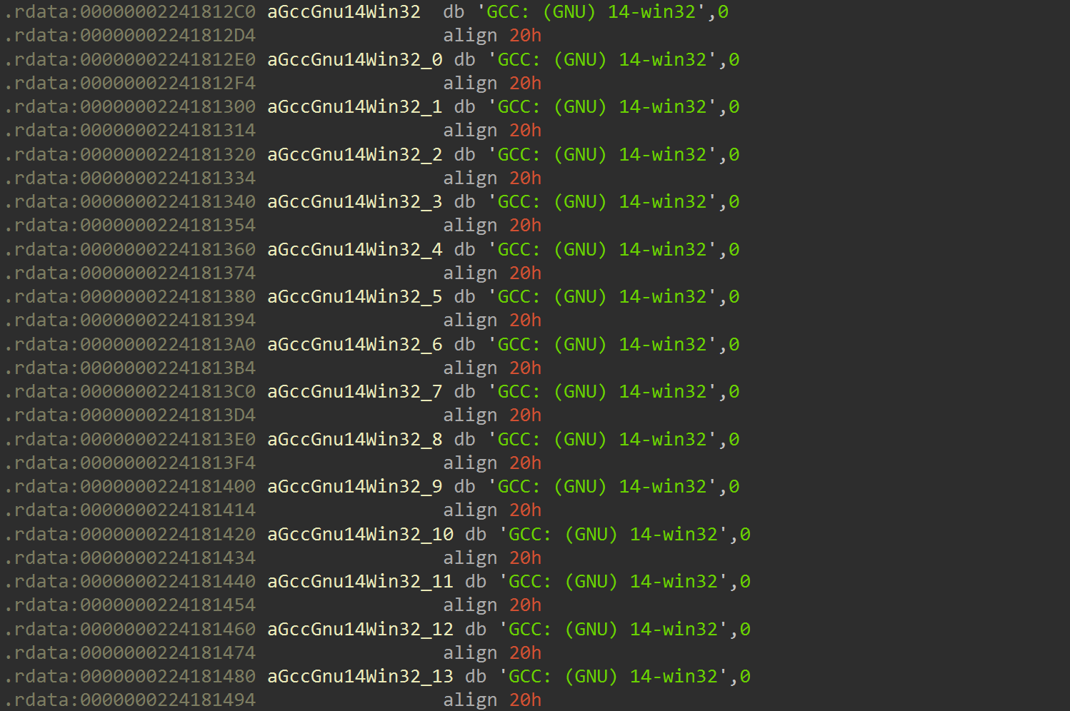 Strings view in IDA hinting at GCC compiler